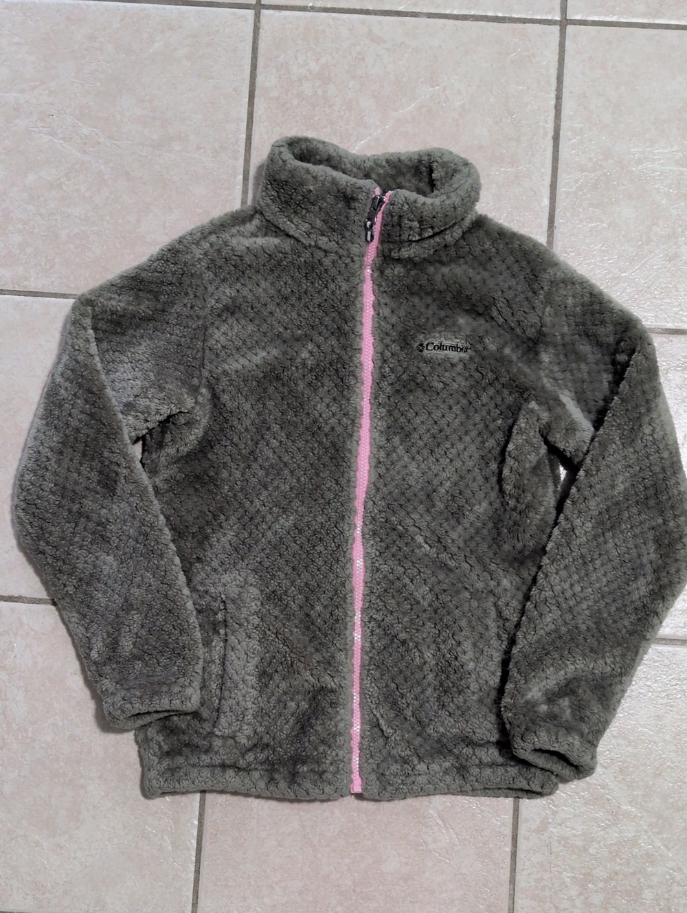 Columbia Olive Gray Plush Fleece Jacket with Pink Zip YL
